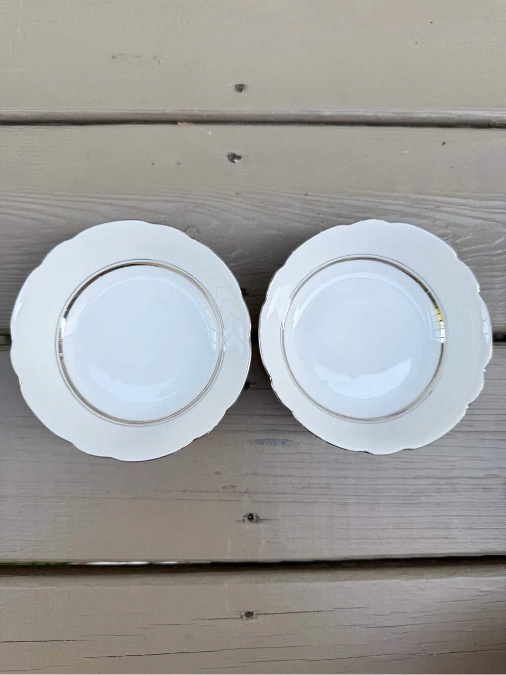 2 X Cmielow Porcelain Scalloped Rim Fruit Bowls with Silver Trim made in Poland